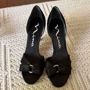 Nina Black Satin Peep-Toe Heels with Rhinestone Bow Accent